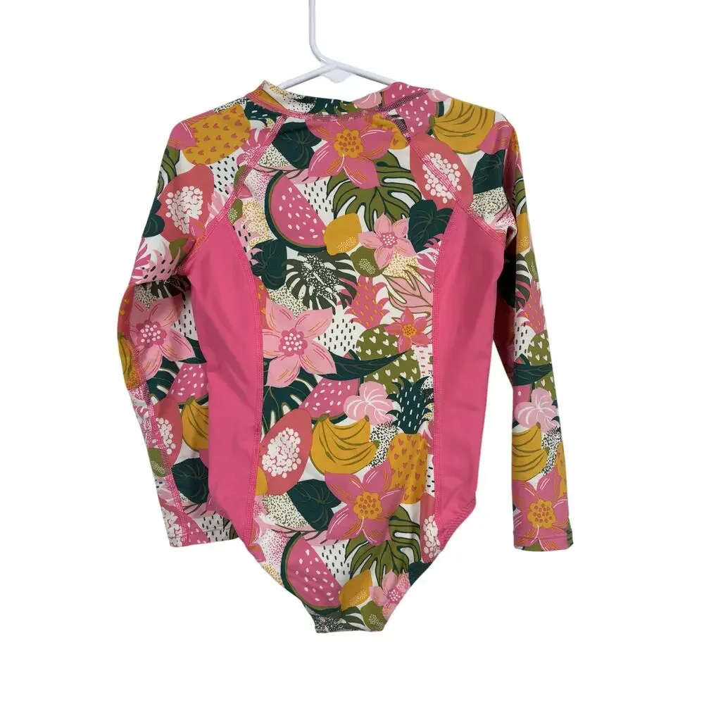Garnet Hill WaveRider One Piece Swimsuit Girl 5 Pink Half-Zip Floral Long Sleeve